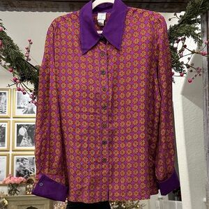 Vibrant Purple and Orange 100% Silk Patterned Women's Blouse